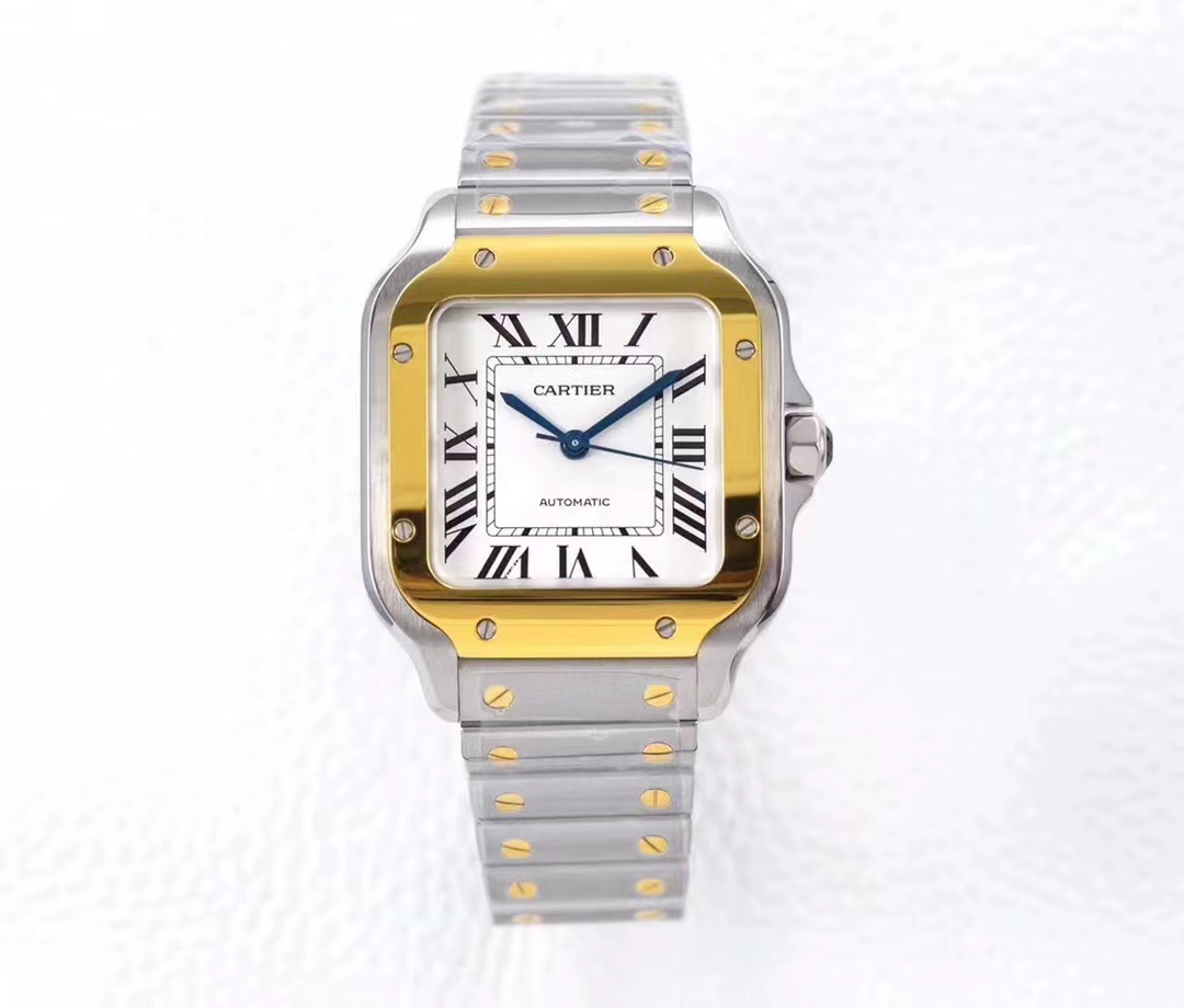 (image for) Cartier Santos WoMens Gold Silver Case White Detail 35.1MM Steel Strap